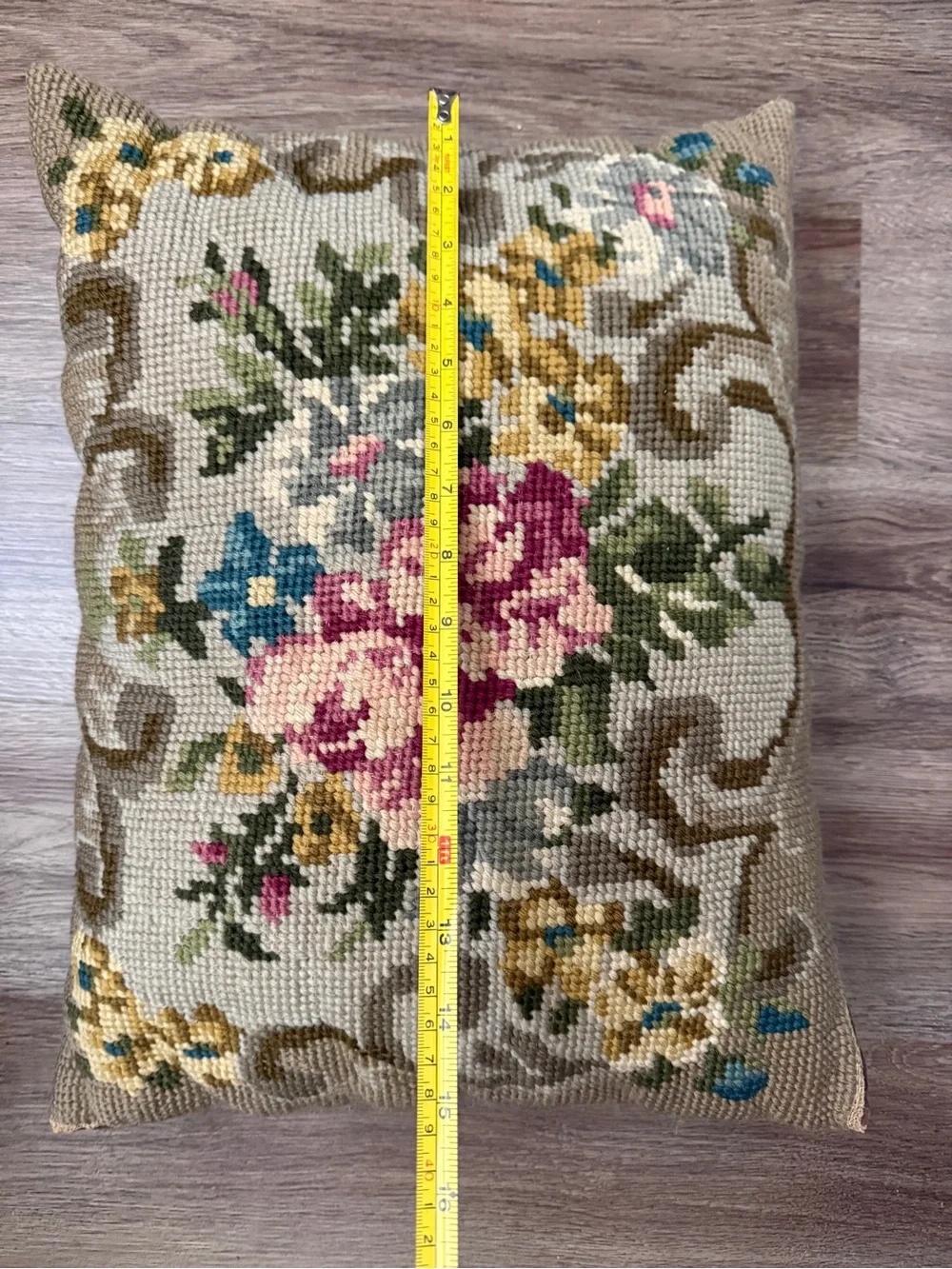 Vintage Floral Needlepoint Lumbar Throw Pillow 16x12 Roses Bouquet Cottagecore